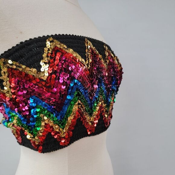 Topshop Womens Medium Black Boho Disco Retro Bright Sequin Smocked Tube Crop Top - Picture 7 of 10